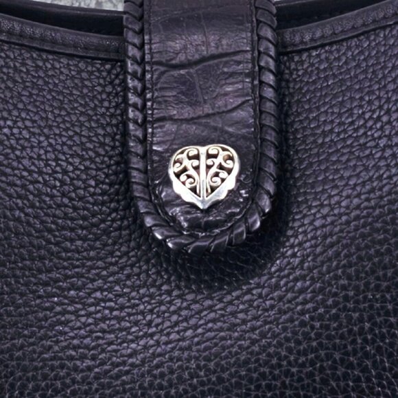 BRIGHTON Black Pebble and Black Croc Embossed Leather Shoulder Bag Braided Strap - Picture 4 of 16